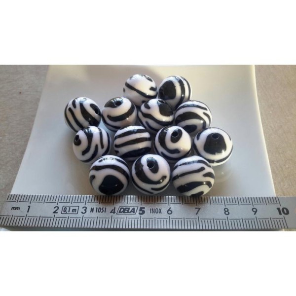Grandes perles rondes zebres, Perles rayures, Noir et blanc, Acrylique, 15 mm, 2 pcs - Photo n°2