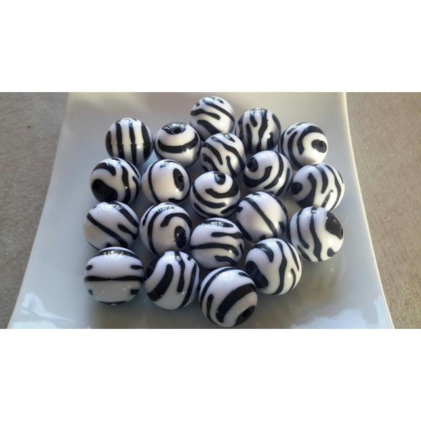 Grandes perles rondes zebres, Perles rayures, Noir et blanc, Acrylique, 15 mm, 2 pcs - Photo n°1