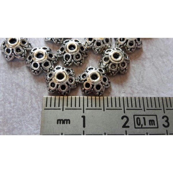 Coupelles calottes fleurs rondes, Embouts perles, Métal argenté, 8 x 4 mm, 10 pcs - Photo n°3