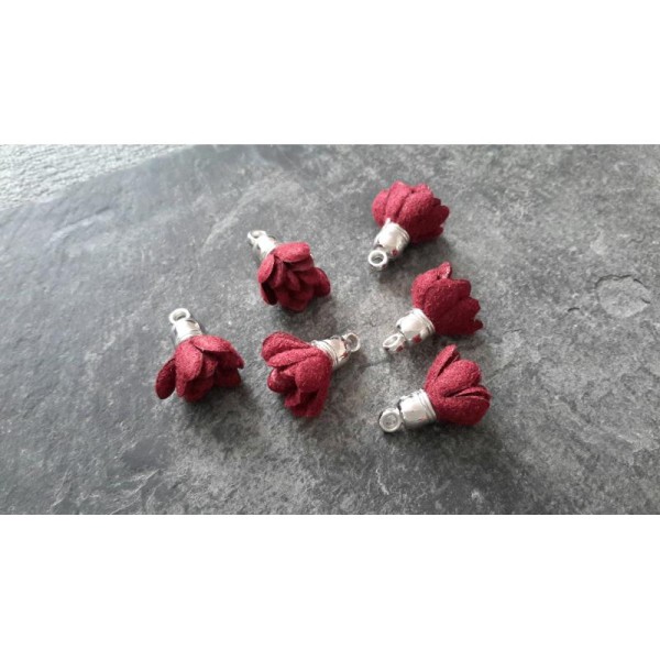 Pendentifs pompons franges rouge bordeau avec embouts argenté, 20x12 mm, 5 pcs - Photo n°1