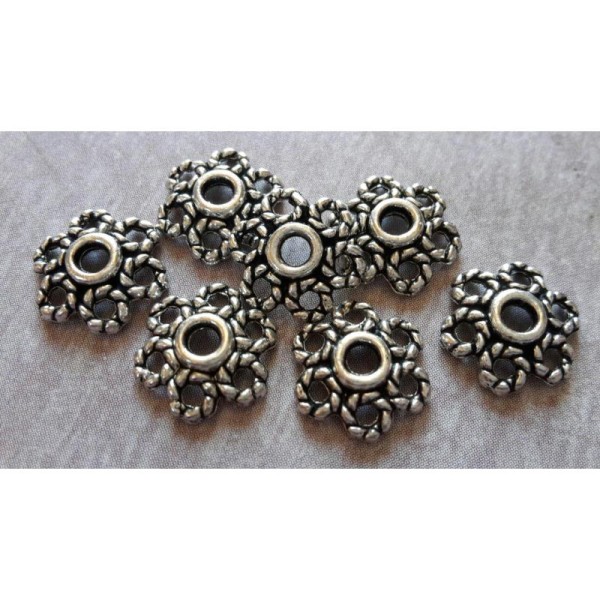 Coupelles fleurs en métal argenté, Embouts perles calottes, 10x3 mm, 20 pcs - Photo n°2