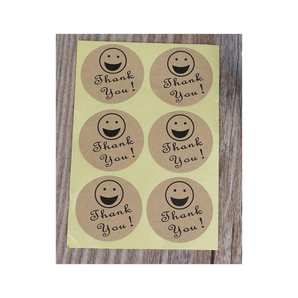 Autocollants stickers ronds Merci visage souriant, marron et noir, 3 cm, 6 pcs - Photo n°1