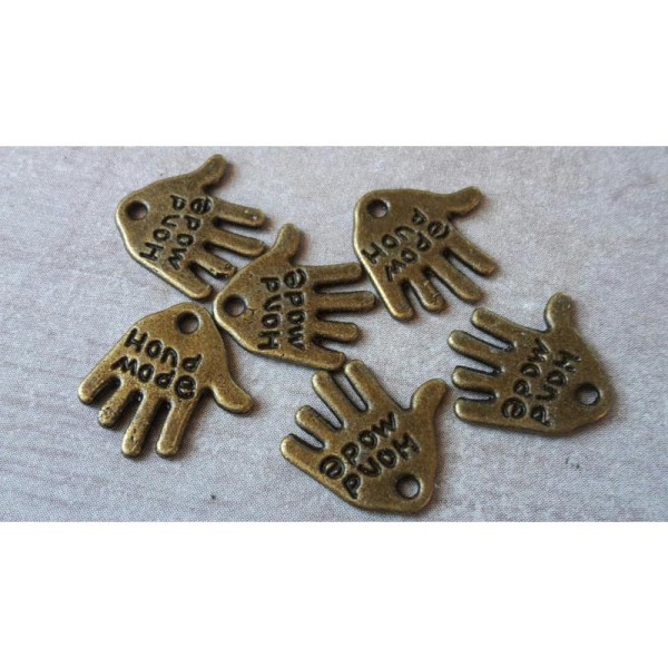 Breloques pendentifs mains écriture hand made en métal couleur bronze, 12 mm, 10 pcs - Photo n°1