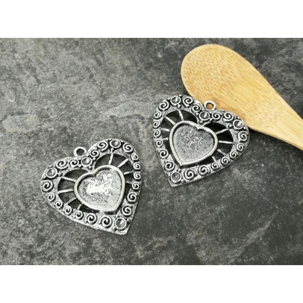 Grand pendentif coeur et petites spirales en métal argenté, 30 mm, Amour et amitié, 1 pc - Photo n°1