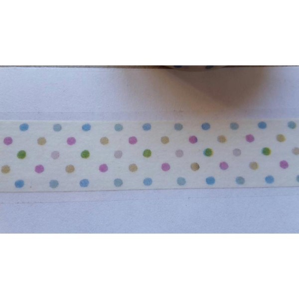 Washi tape  blanc à points multicolore, 1 rouleau de ruban en papier adhésif, 1.5 cm / 10 mètres - Photo n°3