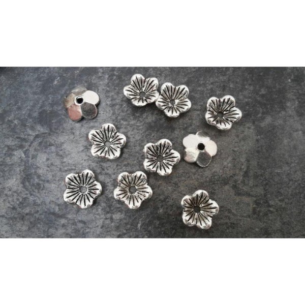Coupelles calottes fleurs ethnique, Embout perles, Métal argenté, 10 mm, 10 pcs - Photo n°2