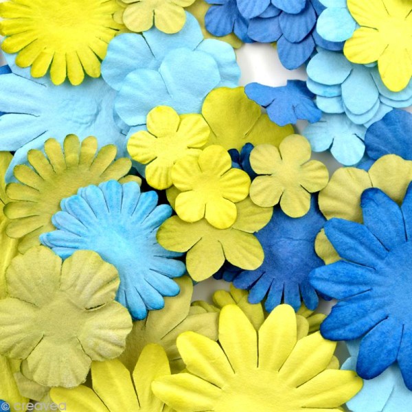 Fleurs en papier Bleu et Vert - 75 pièces - Photo n°2