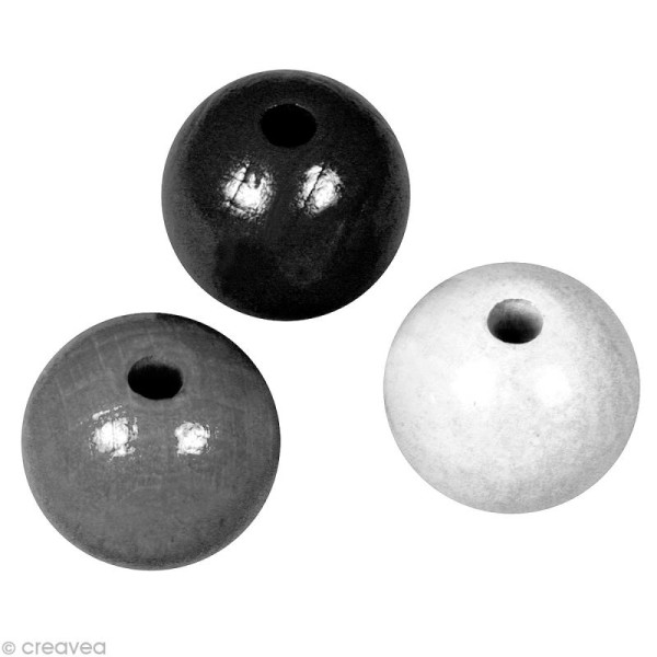 Perle en bois couleur 10 mm - Assortiment Noir et blanc x 52 - Photo n°1