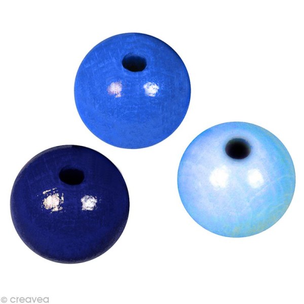 Perle en bois couleur 10 mm - Assortiment Bleu x 52 - Photo n°1