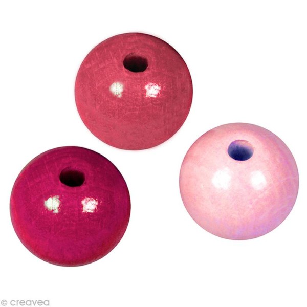 Perle en bois couleur 10 mm - Assortiment Rose x 52 - Photo n°1