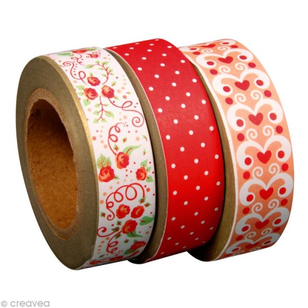 Washi tape Sugar flowers rouge 15 mm x 10 m - 3 rouleaux - Photo n°1