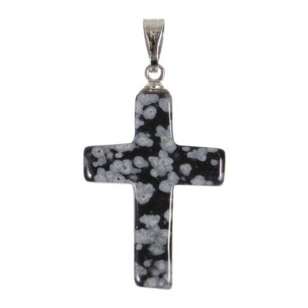 Pendentif croix crucifix en obsidienne neige. - Photo n°2