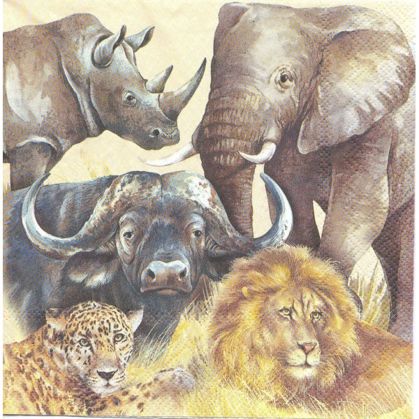 4 Serviettes en papier Savane Lion éléphant Rhinoceros Format Lunch Decoupage Decopatch L-552400 IHR - Photo n°1
