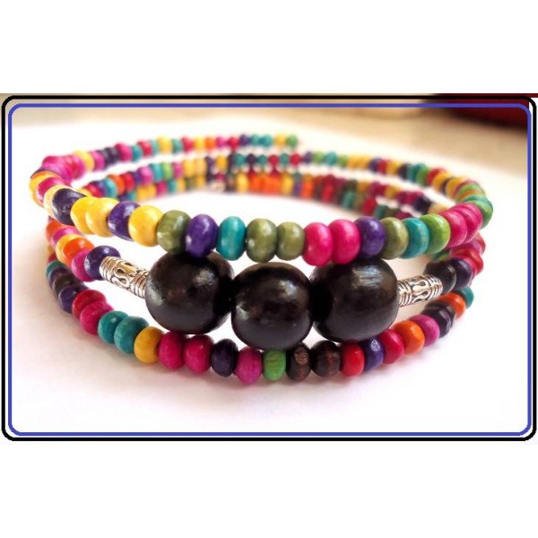KIT DIY bracelet perles bois multicolores et métal argenté ethnique - Photo n°1