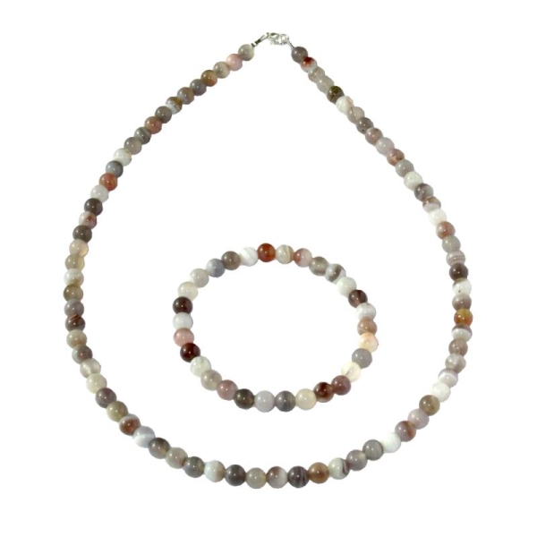 Coffret Agate botswana en perles de 6mm - Bracelet 20cm sans fermoir et Collier 56cm avec Fermoir Or - Photo n°1