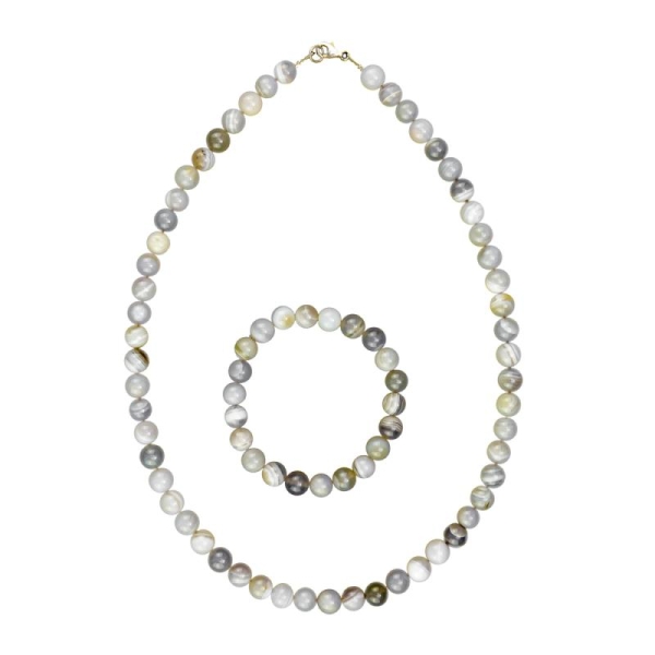 Coffret Agate botswana en perles de 8mm - Bracelet 20cm sans fermoir et Collier 42cm avec Fermoir Or - Photo n°2