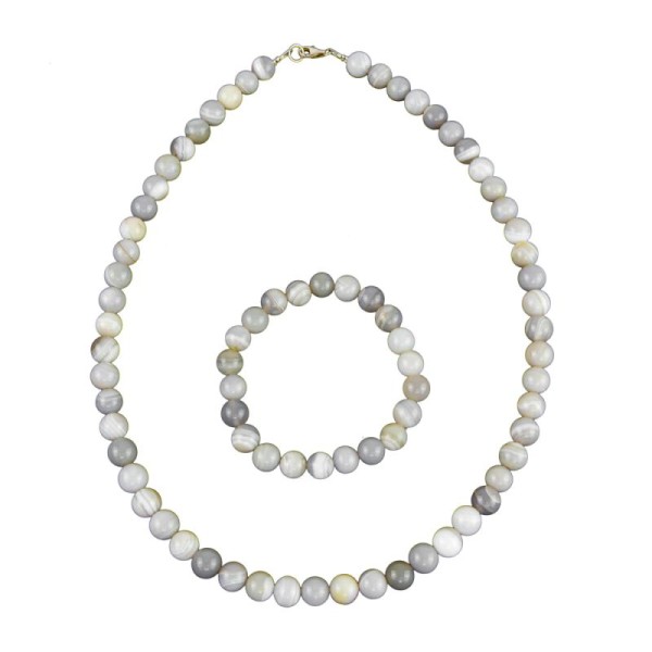 Coffret Agate botswana en perles de 8mm - Bracelet 20cm sans fermoir et Collier 42cm avec Fermoir Or - Photo n°1