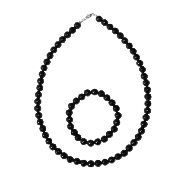 Coffret Agate noire en perles de 8mm - Bracelet 18cm sans fermoir et Collier 39cm avec Fermoir Or - Photo n°2