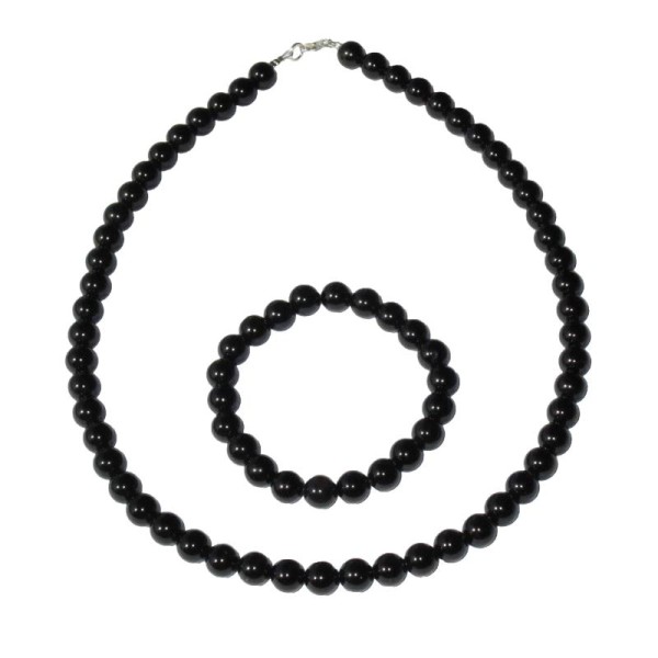 Coffret Agate noire en perles de 8mm - Bracelet 18cm sans fermoir et Collier 39cm avec Fermoir Or - Photo n°1