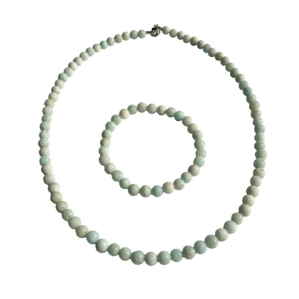 Coffret Amazonite en perles de 6mm - Bracelet 18cm sans fermoir et Collier 48cm avec Fermoir Argent - Photo n°1