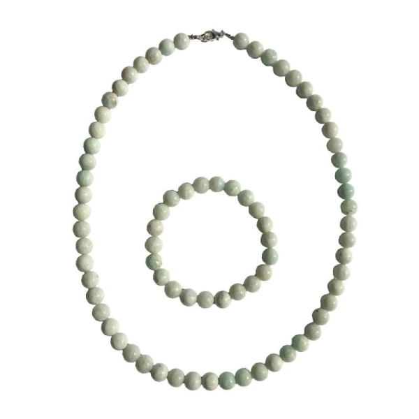 Coffret Amazonite en perles de 8mm - Bracelet 18cm sans fermoir et Collier 56cm avec Fermoir Argent - Photo n°2