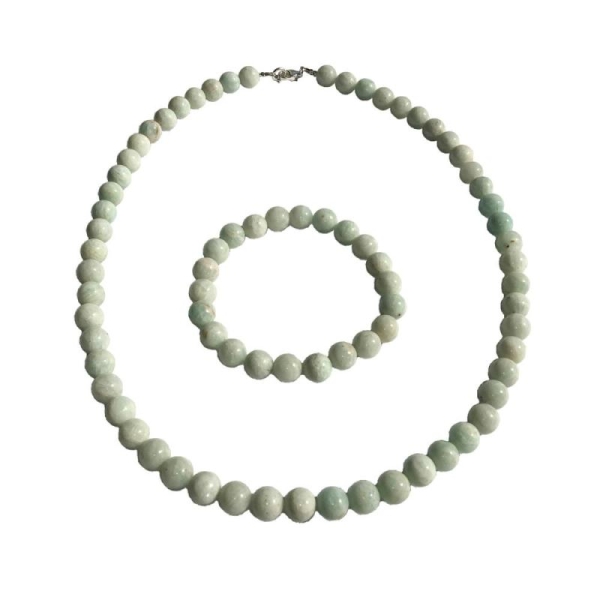 Coffret Amazonite en perles de 8mm - Bracelet 20cm sans fermoir et Collier 100cm avec Fermoir Argent - Photo n°1