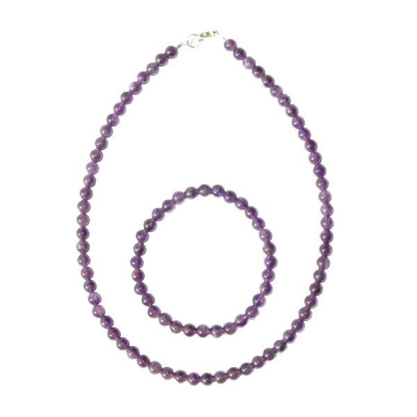 Coffret Améthyste en perles de 6mm - Bracelet 18cm sans fermoir et Collier 48cm avec Fermoir Or - Photo n°2
