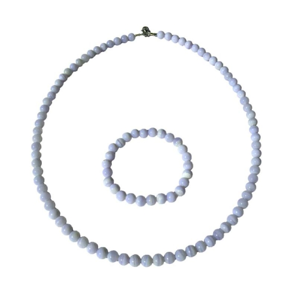 Coffret Calcédoine en perles de 6mm - Bracelet 18cm sans fermoir et Collier 100cm avec Fermoir Or - Photo n°1