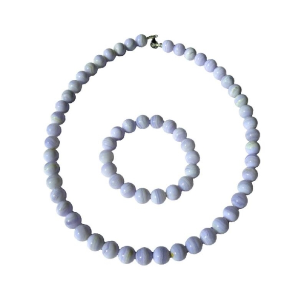 Coffret Calcédoine en perles de 10mm - Bracelet 20cm sans fermoir et Collier 48cm avec Fermoir Or - Photo n°1