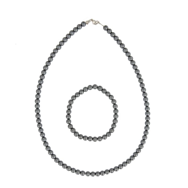 Coffret Hématite en perles de 6mm - Bracelet 18cm sans fermoir et Collier 39cm avec Fermoir Argent - Photo n°2