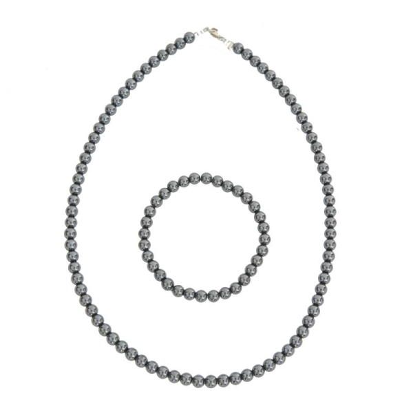 Coffret Hématite en perles de 6mm - Bracelet 18cm sans fermoir et Collier 39cm avec Fermoir Argent - Photo n°1