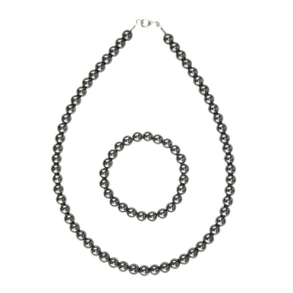 Coffret Hématite en perles de 8mm - Bracelet 20cm sans fermoir et Collier 56cm avec Fermoir Or - Photo n°2