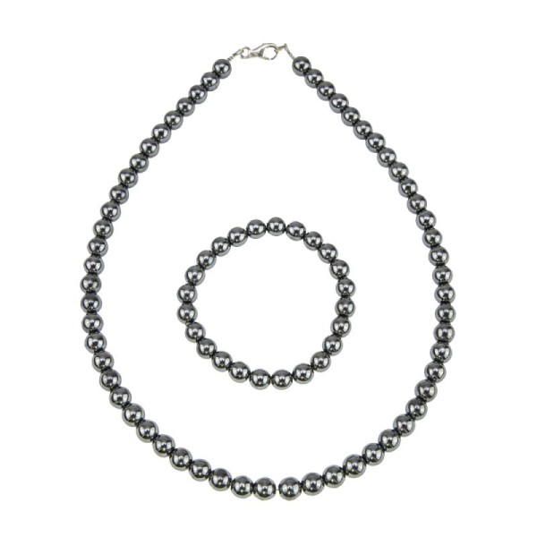 Coffret Hématite en perles de 8mm - Bracelet 20cm sans fermoir et Collier 56cm avec Fermoir Or - Photo n°1