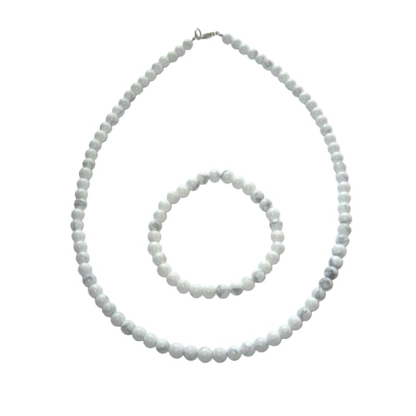 Coffret Howlite en perles de 6mm - Bracelet 22cm sans fermoir et Collier 48cm avec Fermoir Or - Photo n°1