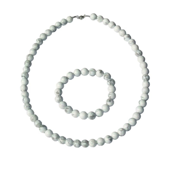 Coffret Howlite en perles de 8mm - Bracelet 20cm sans fermoir et Collier 39cm avec Fermoir Argent - Photo n°1