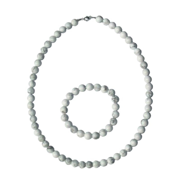 Coffret Howlite en perles de 8mm - Bracelet 22cm sans fermoir et Collier 39cm avec Fermoir Or - Photo n°2