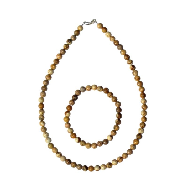 Coffret Jaspe paysage en perles de 6mm - Bracelet 22cm sans fermoir et Collier 42cm avec Fermoir Or - Photo n°2