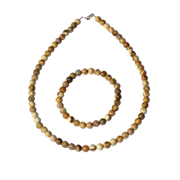 Coffret Jaspe paysage en perles de 6mm - Bracelet 22cm sans fermoir et Collier 42cm avec Fermoir Or - Photo n°1