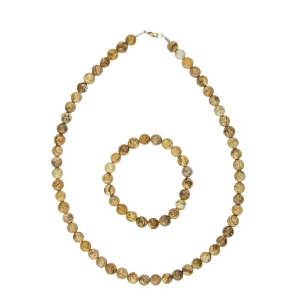 Coffret Jaspe paysage en perles de 8mm - Bracelet 18cm sans fermoir et Collier 56cm avec Fermoir Or - Photo n°2