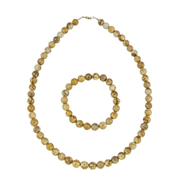 Coffret Jaspe paysage en perles de 8mm - Bracelet 18cm sans fermoir et Collier 56cm avec Fermoir Or - Photo n°1