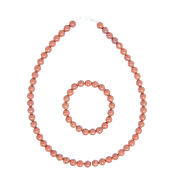 Coffret Jaspe rouge en perles de 8mm - Bracelet 18cm sans fermoir et Collier 100cm avec Fermoir Or - Photo n°2