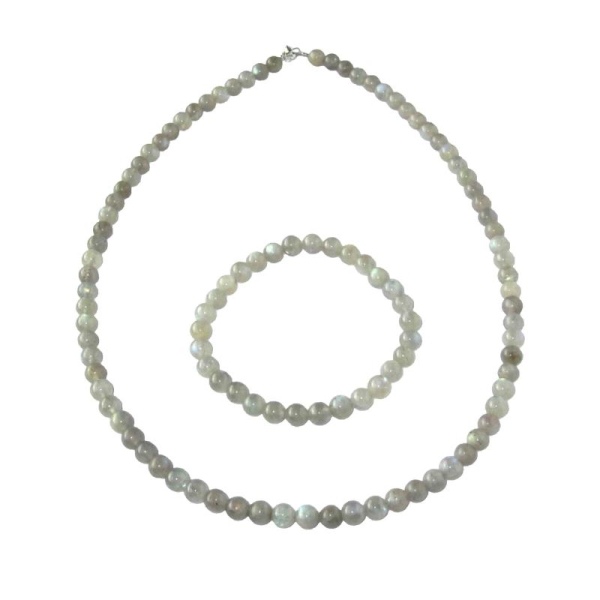 Coffret Labradorite en perles de 6mm - Bracelet 18cm sans fermoir et Collier 42cm avec Fermoir Or - Photo n°1