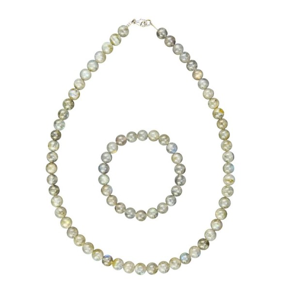 Coffret Labradorite en perles de 8mm - Bracelet 18cm sans fermoir et Collier 100cm avec Fermoir Or - Photo n°2