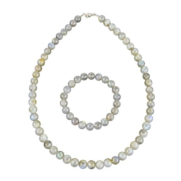 Coffret Labradorite en perles de 8mm - Bracelet 18cm sans fermoir et Collier 100cm avec Fermoir Or - Photo n°1