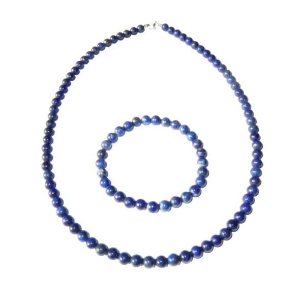 Coffret Lapis-lazuli en perles de 6mm - Bracelet 18cm sans fermoir et Collier 48cm avec Fermoir Or - Photo n°1