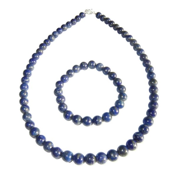 Coffret Lapis-lazuli en perles de 8mm - Bracelet 22cm sans fermoir et Collier 39cm avec Fermoir Or - Photo n°1