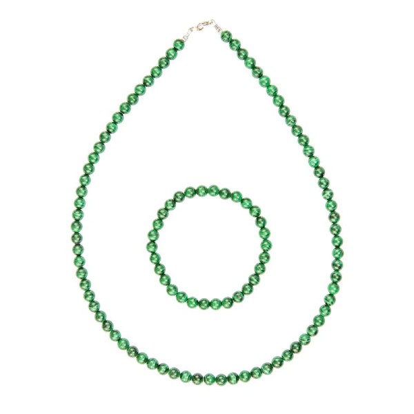Coffret Malachite en perles de 6mm - Bracelet 18cm sans fermoir et Collier 78cm avec Fermoir Argent - Photo n°2