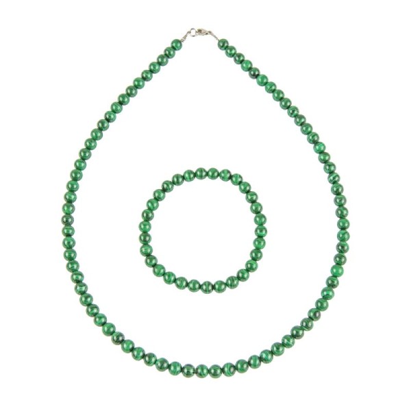 Coffret Malachite en perles de 6mm - Bracelet 18cm sans fermoir et Collier 78cm avec Fermoir Argent - Photo n°1
