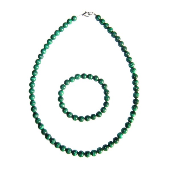Coffret Malachite en perles de 8mm - Bracelet 18cm sans fermoir et Collier 48cm avec Fermoir Argent - Photo n°2