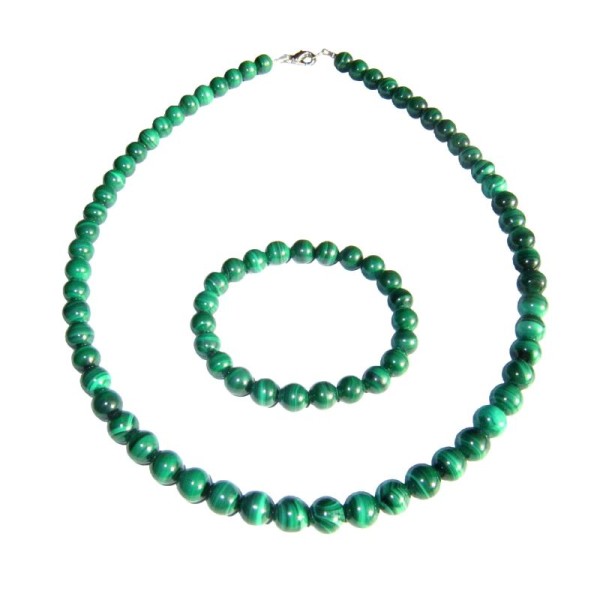 Coffret Malachite en perles de 8mm - Bracelet 18cm sans fermoir et Collier 78cm avec Fermoir Or - Photo n°1